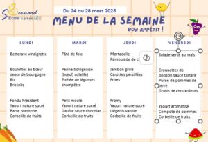 Lire la suite à propos de l’article Menu du 24 au 28 mars 2025