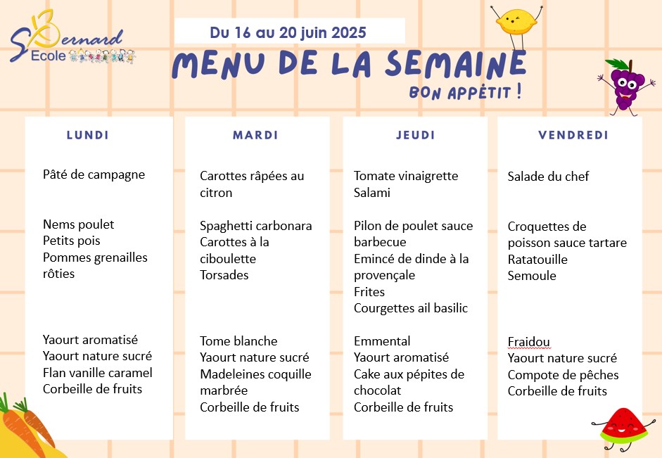 You are currently viewing Menu du 16 au 20 juin 2025