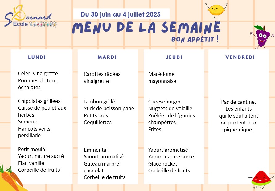 You are currently viewing Menu du 30 juin au 4 juillet 2025