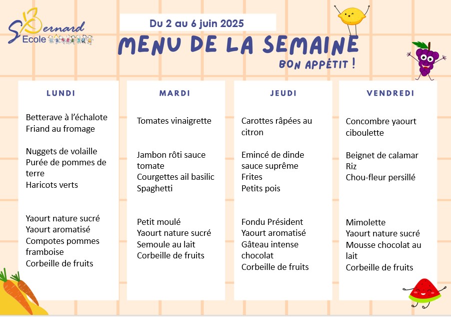 You are currently viewing Menu du 2 au 6 juin 2025