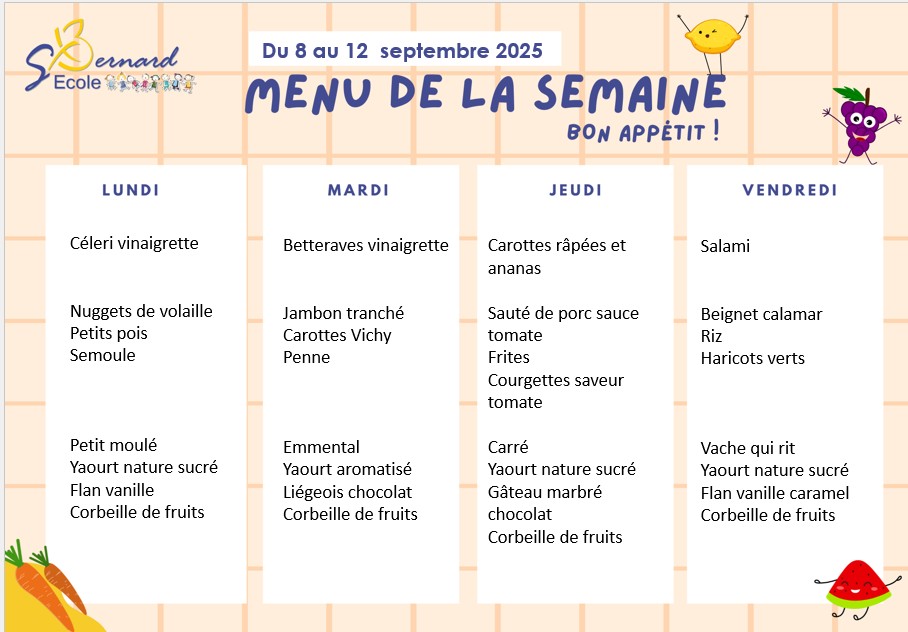 You are currently viewing Menu du 8 au 12 septembre 2025