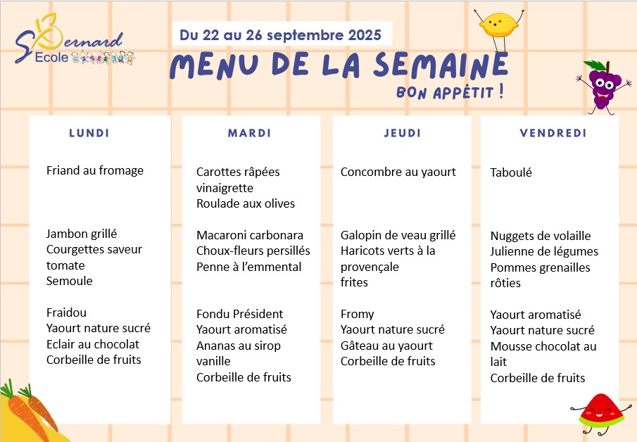 You are currently viewing Menu du 22 au 26 septembre 2025