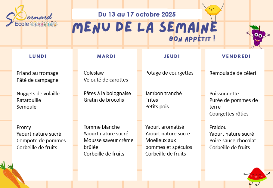 You are currently viewing Menu du 13 au 17 octobre 2025